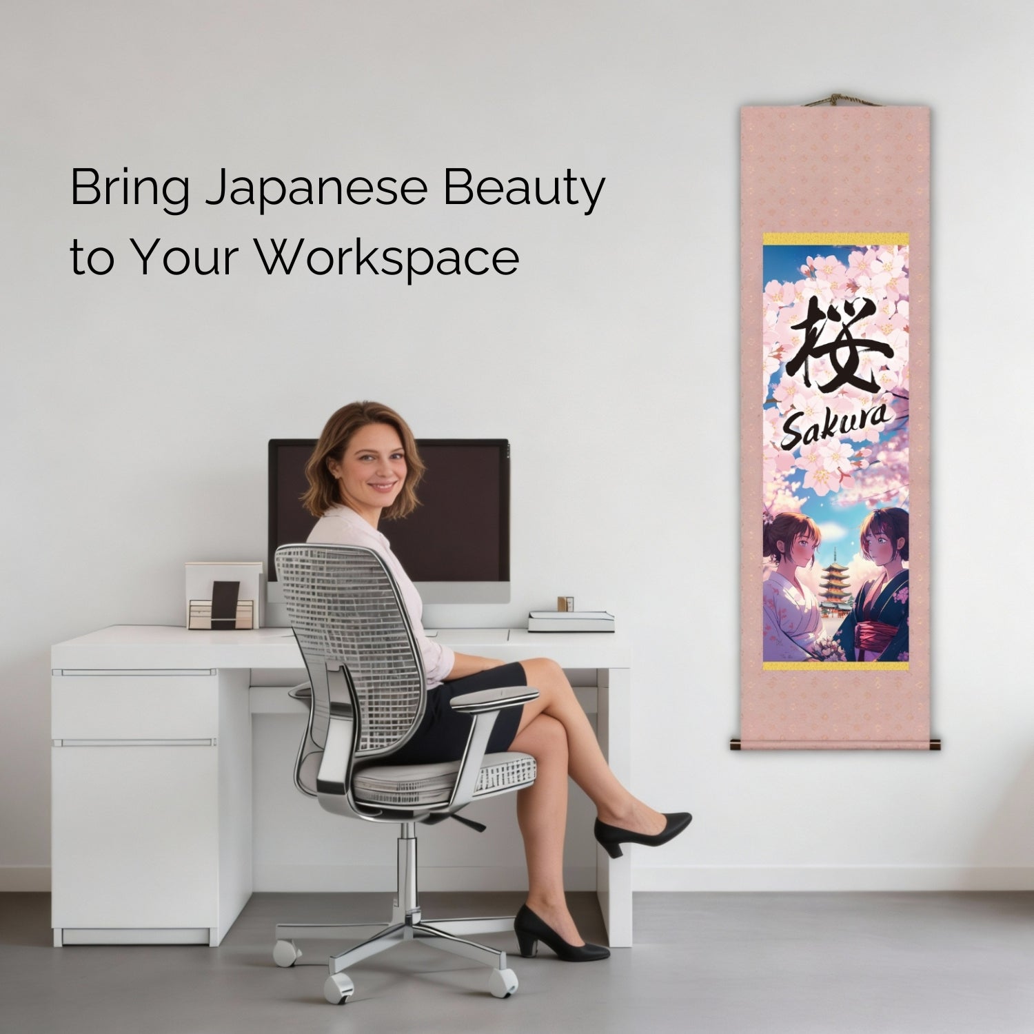 Anime japonais Sakura Kakemono Wall Scroll – Femmes en kimono avec pagode