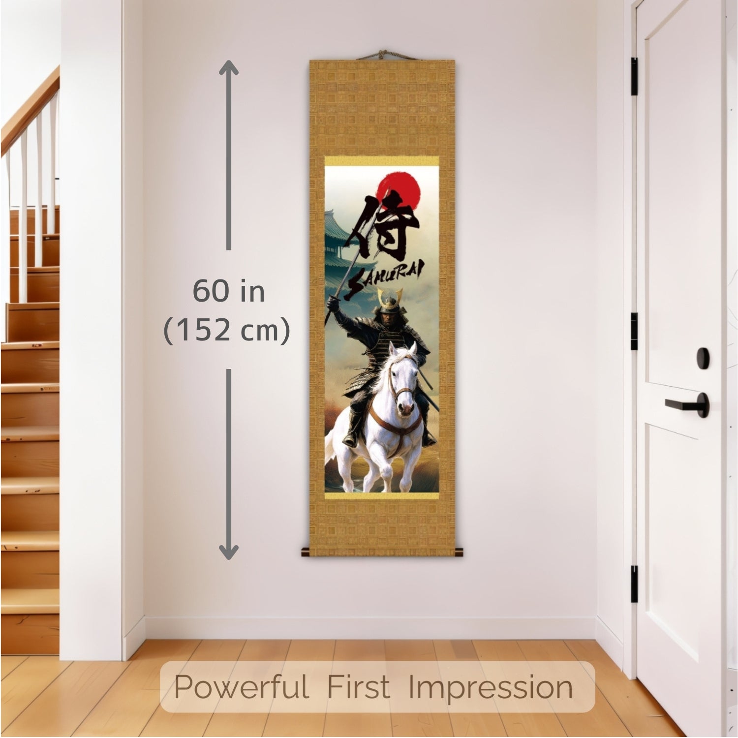 Japanese Samurai Kakemono Wall Scroll – Mounted Samurai with Sword on White Horse
