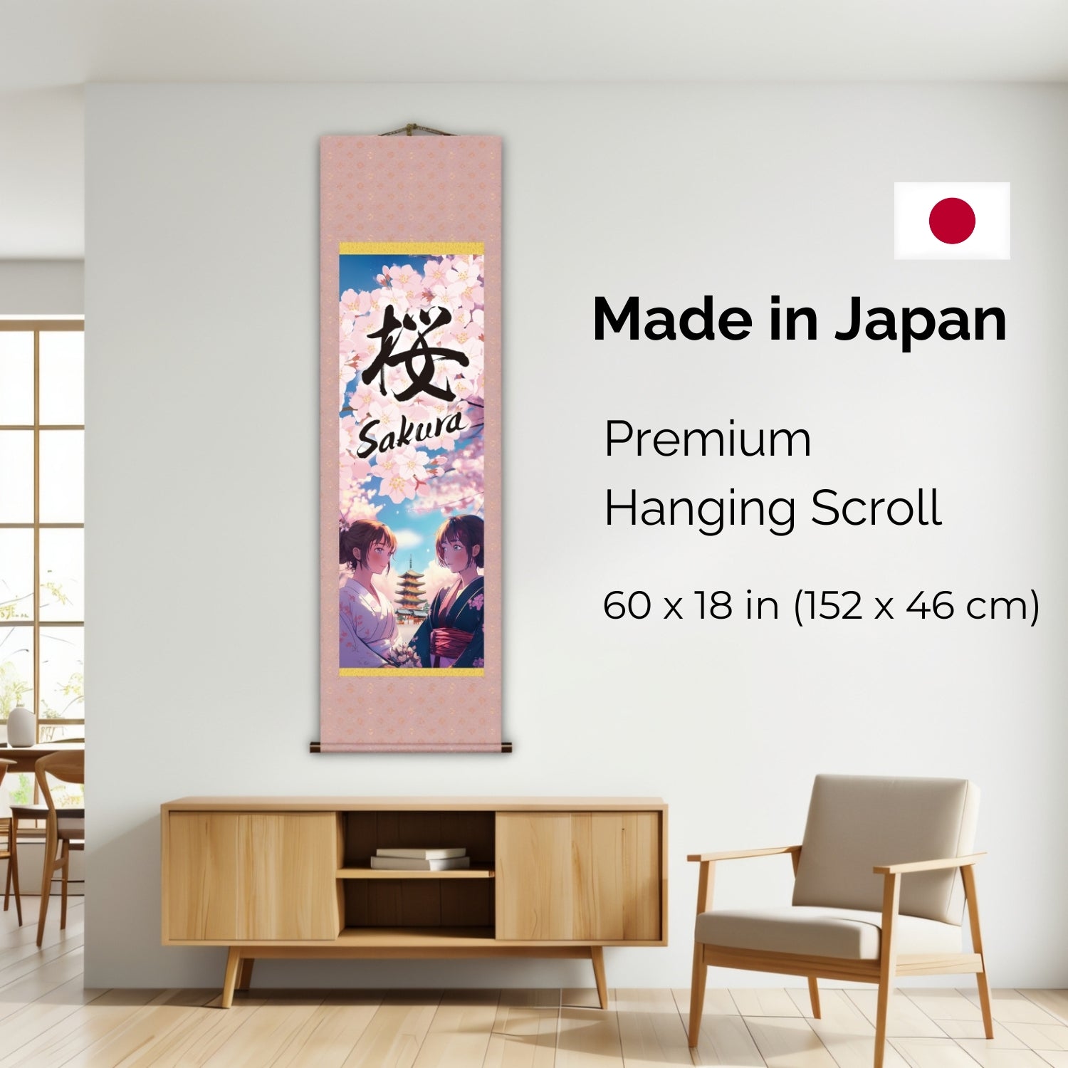 Anime japonais Sakura Kakemono Wall Scroll – Femmes en kimono avec pagode 