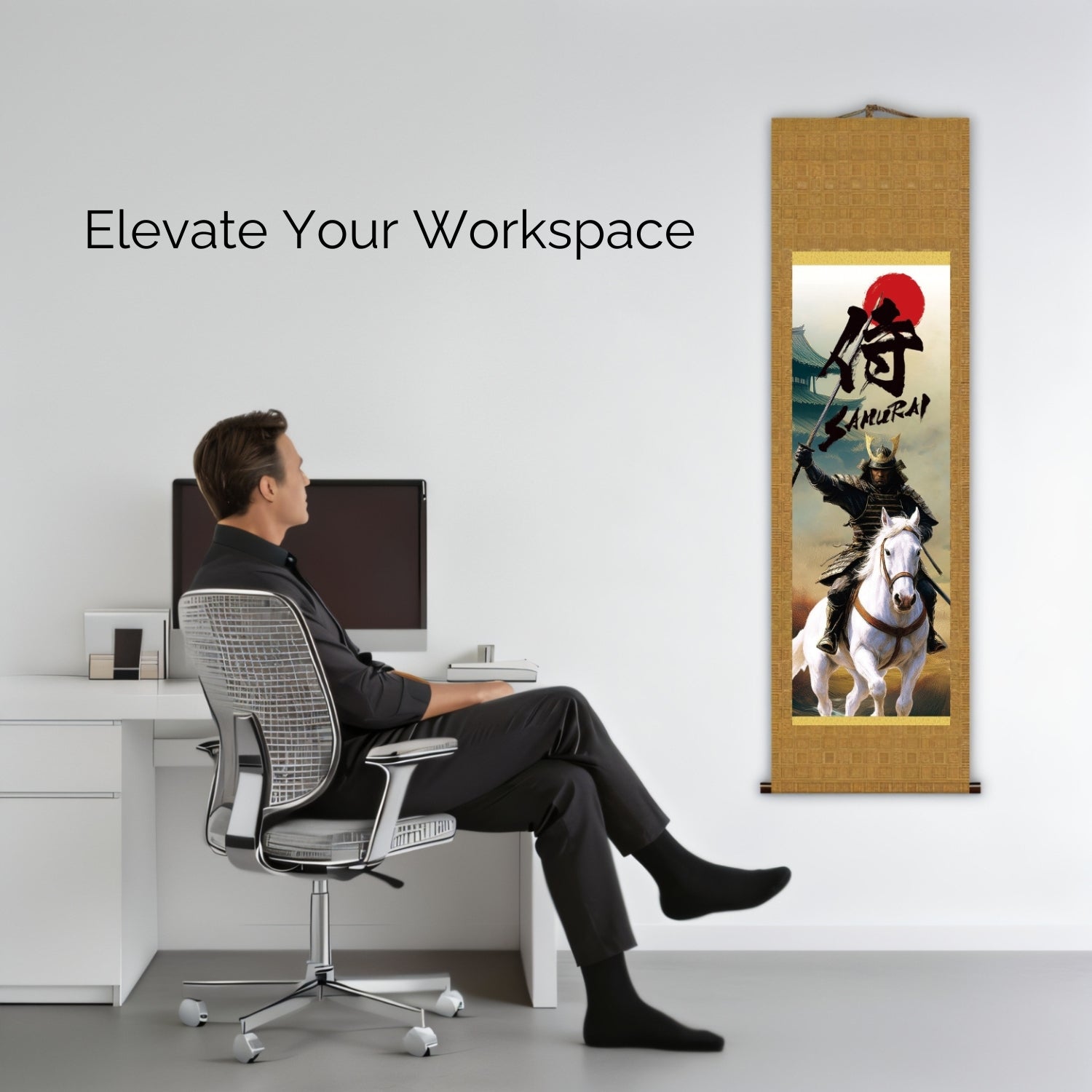 Japanese Samurai Kakemono Wall Scroll – Mounted Samurai with Sword on White Horse